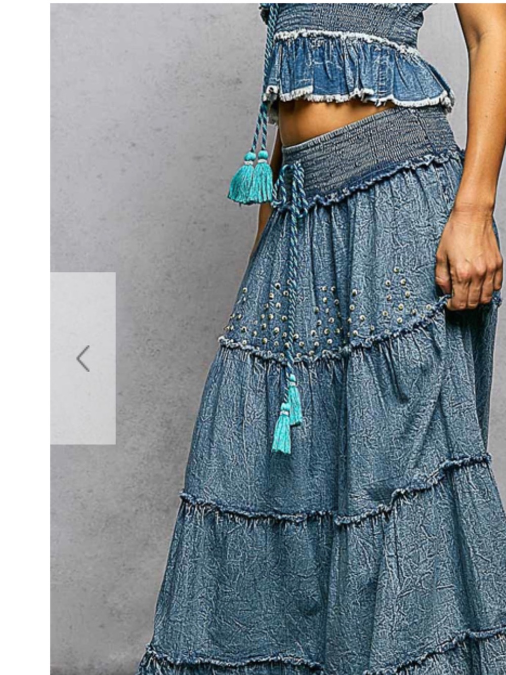 POL Denim-Blue Tiered Maxi Skirt with Turquoise Tassels